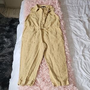 one clothing Sleeveless Textured Tie-Waist Jumpsuit in Mustard